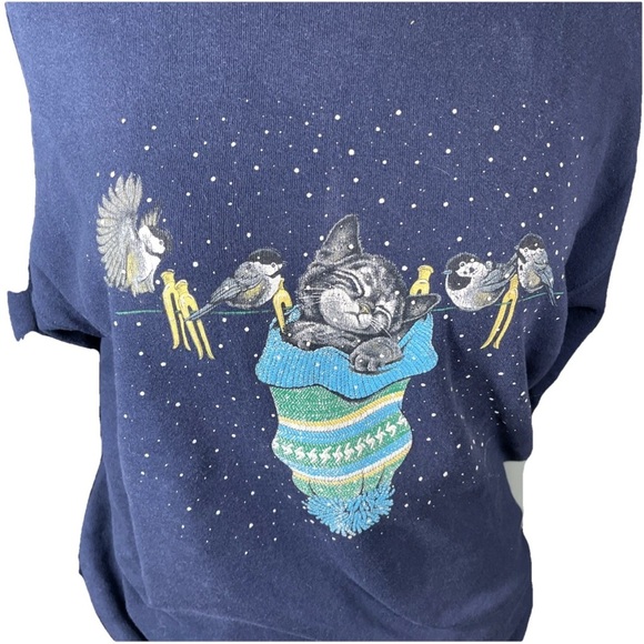 Endless Designs Vintage Winter Cat Birds Crewneck Sweatshirt Size Large In Blue - Picture 5 of 7